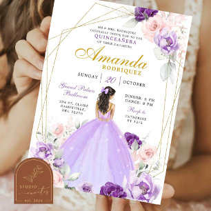 Convites Coroa Real Geométrica Roxa e Dourada Quinceanera