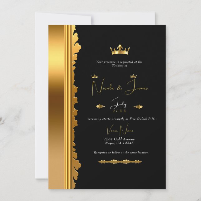 Convites Coroa Real Preta e Dourada Casamento Glamouroso El (Frente)