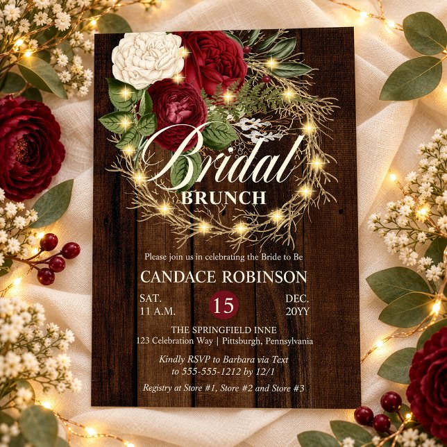 Convites Coroa Rústica Florestal Iluminada para Brunch de N (Rustic Burgundy Floral and Faux Twinkle Lighted Grapevine Wreath on Rustic Wood Bridal Brunch Invite)