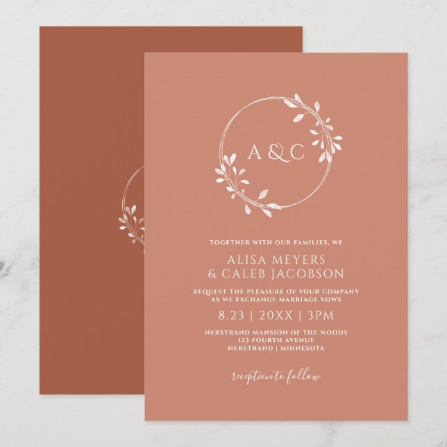Convites Coroa Simples de Terracota Boho e Casamento Rústic (Frente/Verso)