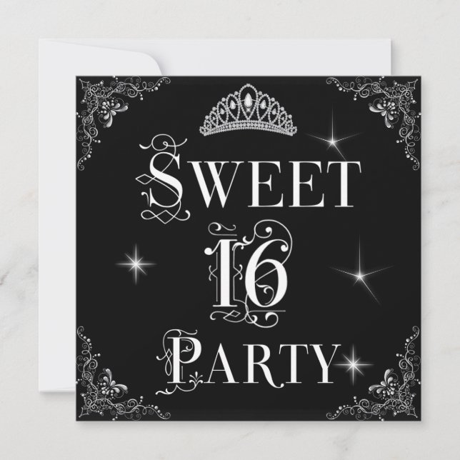 Convites Coroa Sweet 16 Real Preto Branco Prata (Frente)