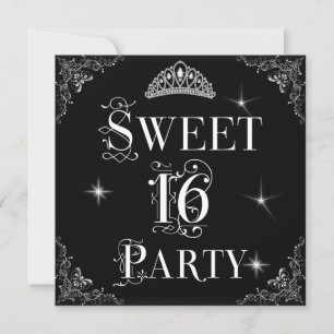 Convites Coroa Sweet 16 Real Preto Branco Prata