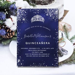 Convites Coroa tiara azul de Quinceanera, poeira prateada
