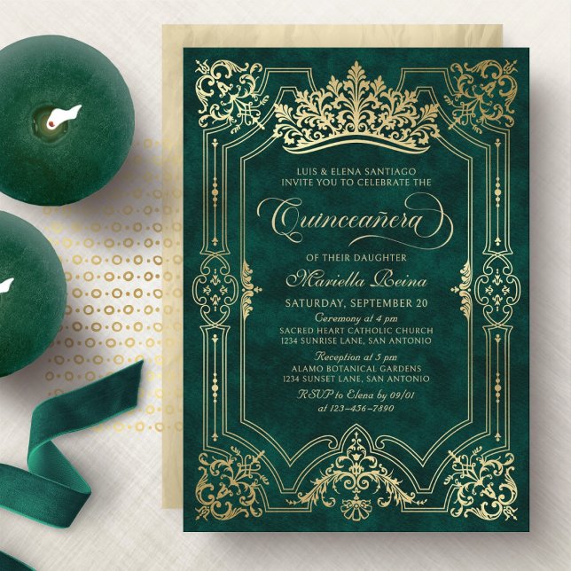 Convites Coroa Verde Tiara Elegante Quinceanera (Criador carregado)