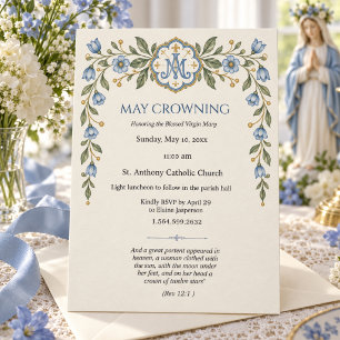 Convites Coroação Católica Mariana Floral Azul de Maio
