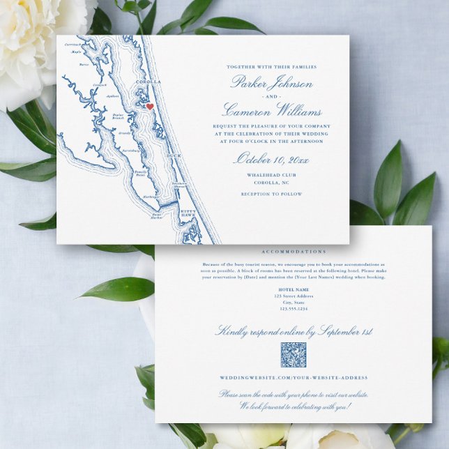 Convites Corolla NC all-in-one QR code RSVP Blue Wedding (Corolla NC Map all in one QR code RSVP wedding invitation in elegant navy blue by Coastal Map Design)
