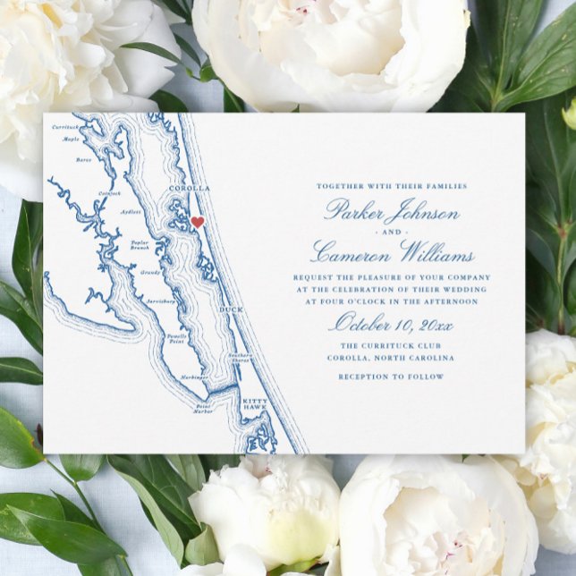 Convites Corolla NC OBX Map Elegant Navy Blue Wedding (Corolla NC Map Outer Banks Wedding Invitation in Elegant Navy Blue by Coastal Map Designs)