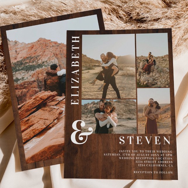 Convites Corpo ousado de madeira russa e casamento fotográf (Rustic wood bold ampersand 5 photo grid wedding invitation)