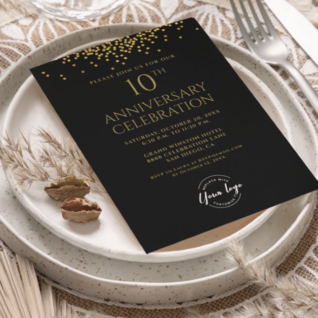 Convites Corporate Business 10th Anniversary Black Gold  (10th business anniversary custom invitation )