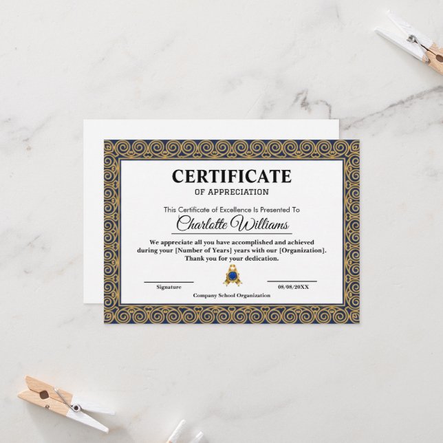 Convites Corporate Employee Appreciation Certificate Gold (Frente/Verso In Situ)