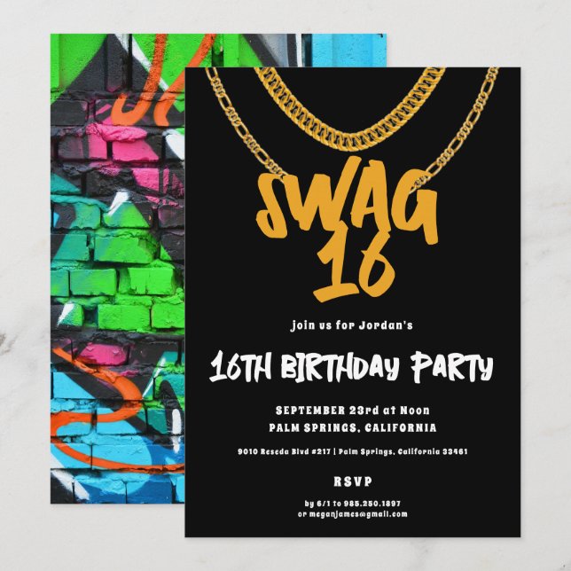 Convites Corrente de Ouro | Festa de Aniversário Swag 16 (Frente/Verso)