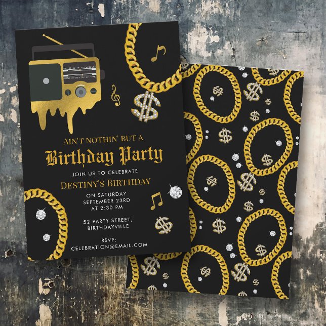 Convites Corrente de Ouro Hip Hop Rádio 80's 90's Aniversár (Hip Hop Gold Chain Radio 80's 90's Birthday Invitation)