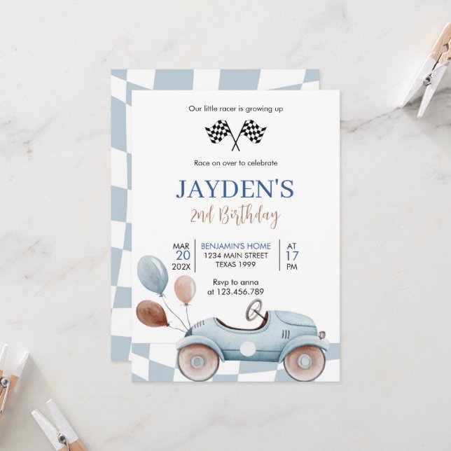 Convites Corrida Azul de segundo de Carro Dois Aniversário  (Frente/Verso In Situ)
