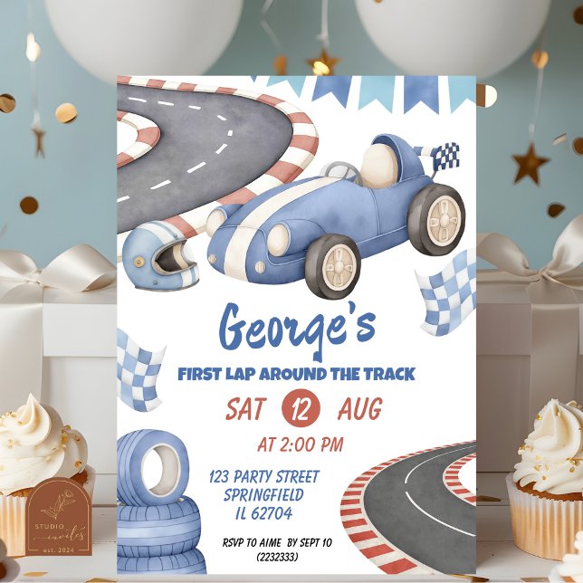 Convites Corrida Azul Retro Aniversário Primeira Volta (Criador carregado)