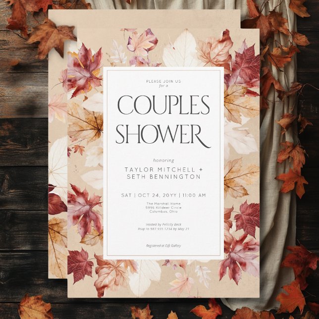 Convites Corrida russa do Chá de Casais de queda (Rustic Wreath of Fall Leaves Tan Couples Shower Invitation)