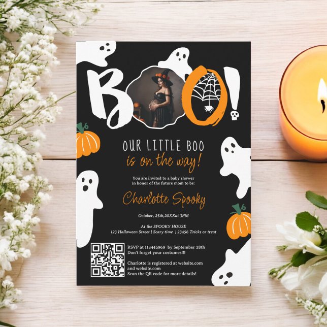 Convites Corte nosso chá de fraldas preto de fotos de fanta (Cute our little boo ghosts black photo baby shower invitation)