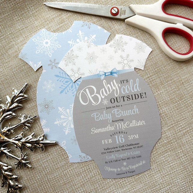 Convites Corte seu próprio biquinho de macarrão azul Floco  (Snowflake winter baby boy shower DIY bodysuit shape invitation, blue & gray, printed ribbon bow)