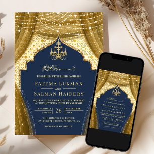 Convites Cortina de Lustre Dourado Azul Marinho Casamento M