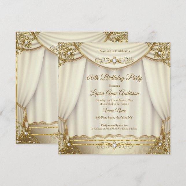 Convites Cortinas de Pérola Bege Creme Dourado Elegante de  (Frente/Verso)