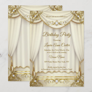 Convites Cortinas de Pérola Bege Creme Dourado Elegante par