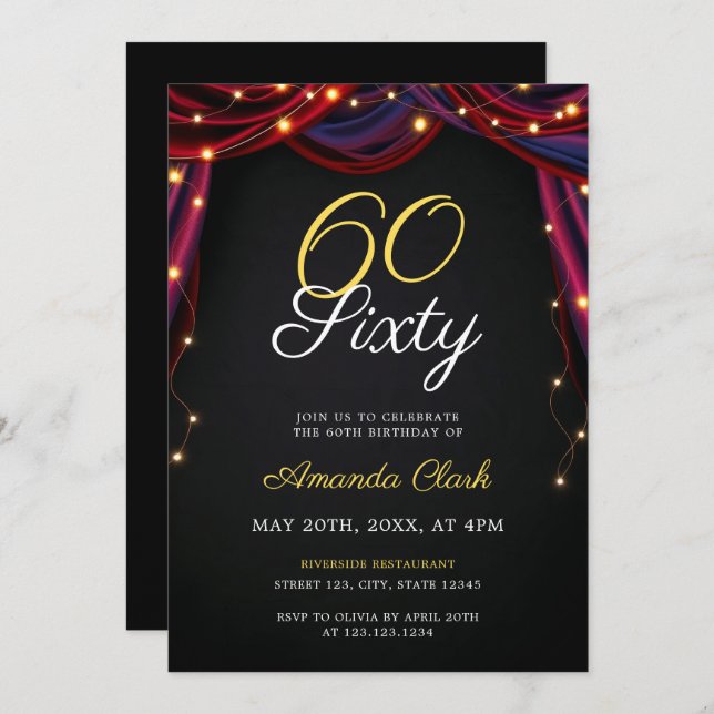 Convites Cortinas Vermelhas Teatrais com Luzes 60º Aniversá (Frente/Verso)