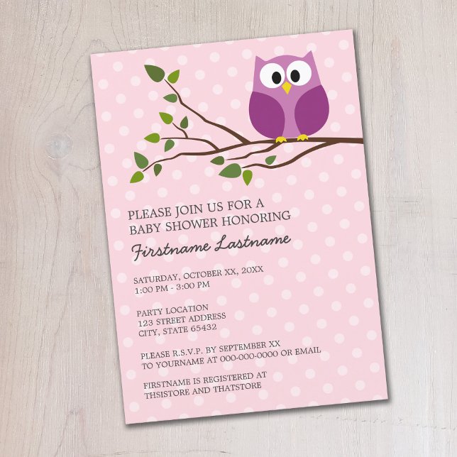 Convites Coruja-coroa-coroa em Sucursal e bolinhas de Garot (Cute Woodland Owl Baby Shower Invitation - Pastel Pink Polka Dots)