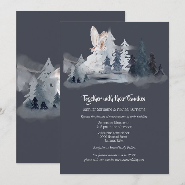 Convites Coruja de pinheiros-pintados de cinza azul-escuro (Frente/Verso)