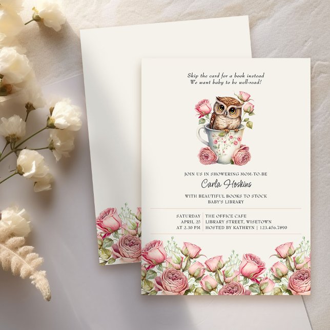 Convites Coruja e Rosas para Chá de fraldas (Baby Shower invitation asking for books ideal for book lovers, office baby showers, baby sprinkles
)