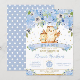 Convites Coruja Floral Chá de fraldas Azul Flores Menino