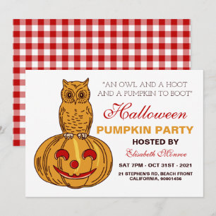 Convites Coruja no Pumpkin Halloween Pumpkin Party Gingham