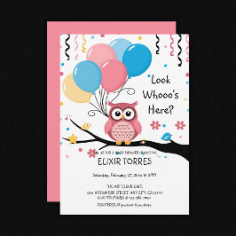 Convites Coruja rosa-branca com balões e Chá de fraldas Con