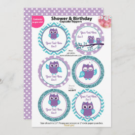 Convites Coruja Roxa com Toppers de Cupcake Teal, Chá de fr