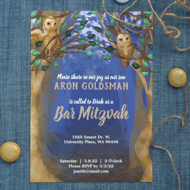 Convites Corujas, Floresta Mistura, Azul, Bar de Beige Mitz (brown, blue rustic forest owls in trees, leafy green bar mitzvah invitations, young man's birthday)