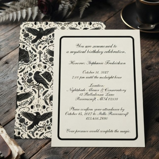 Convites Corvo Barroco Ônix Gótico Mal-humorado (Gothic raven invitation for adults celebrating a dark academia birthday.)