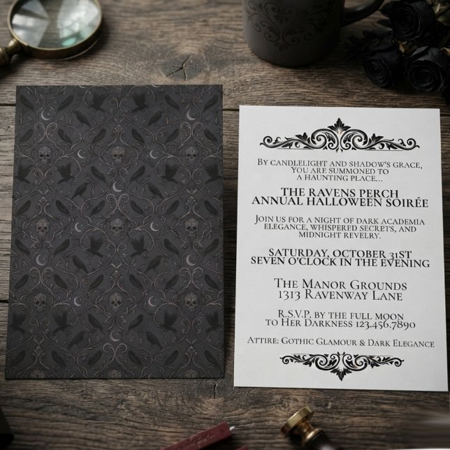 Convites Corvo Barroco Onyx Mal-humorado (Onyx baroque raven paper invitation for dark academia fans and Halloween parties.)