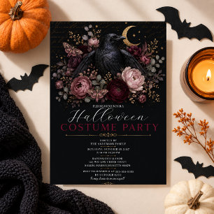 Convites Corvo Floral Elegante de Halloween Gótico Romântic