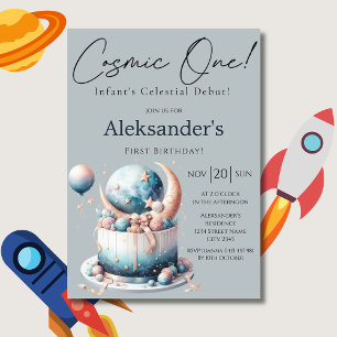 Convites Cósmico Um! Aquarela Celestial Aniversário de 1º a