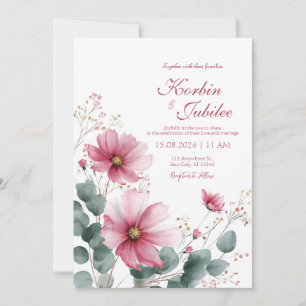 Convites Cosmo Rosa Elegante Eucalipto Aquarela