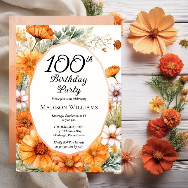 Convites Cosmos | Calendulas Festa de 100º Aniversário Flor (Beautiful Boho Cosmos and Marigolds Floral 100th Birthday Party Invitation Print | Digital Download)
