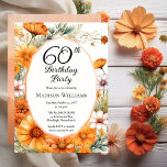 Convites Cosmos | Marigolds Floral 60ª Festa de aniversário<br><div class="desc">Cosmos Elegantes e marigolds design de "60ª Festa de aniversário" floral com um quadro floral de marigolds e flores cosmos em damasco,  terracota e laranja queimado em um painel de fundo branco. Design traseiro apresenta cores de coordenação em várias camadas de fundo aquarela</div>