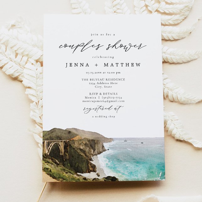Convites Costa de BIG SUR Califórnia Casal Chuveiro (Watercolor Big Sur California Coastline Wedding Couples Shower Invitation)