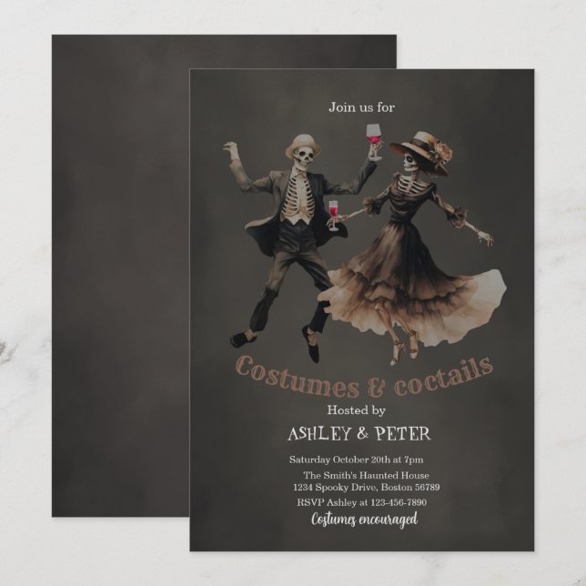 Convites Costumes e Cocktails Vintage Skeleton Halloween (Frente/Verso)