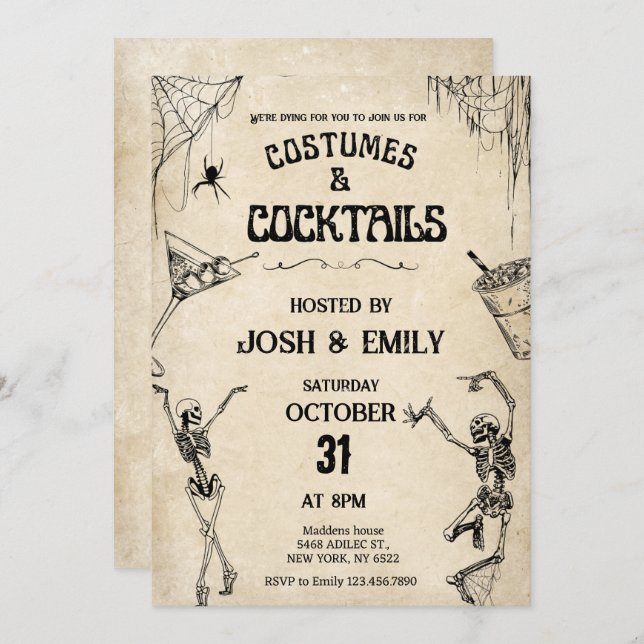 Convites Costumes e Coctails Esqueletos de Vintage Hallowee (Frente/Verso)