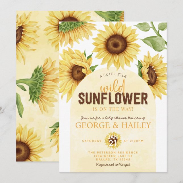Convites Cóta Aquarela Chá de fraldas de girassol selvagem (Frente/Verso)