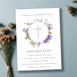 Convites Cottage Meadow Lilac Floral Wreath Christening