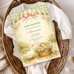 Convites Cottagecore Silly Goose Garden Baby Shower<br><div class="desc">A charming storybook-style baby shower design featuring a sweet watercolor goose standing beside a nest filled with pastel eggs. Delicate spring flowers and soft greenery create a gentle countryside scene, while a blush bow and sage gingham background add a cozy cottagecore touch. The vintage illustration style and soft pastel palette...</div>