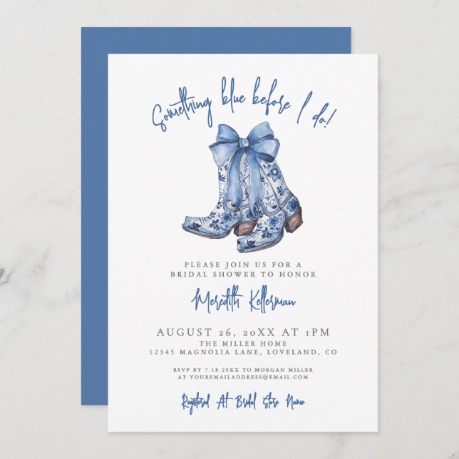Convites Country Blue Bow Cowboy Bridal Shower (Frente/Verso)