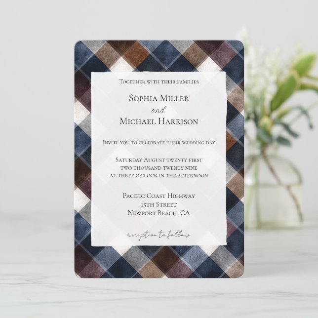 Convites Country Blue Red White Squares Wedding (Em pé/Frente)