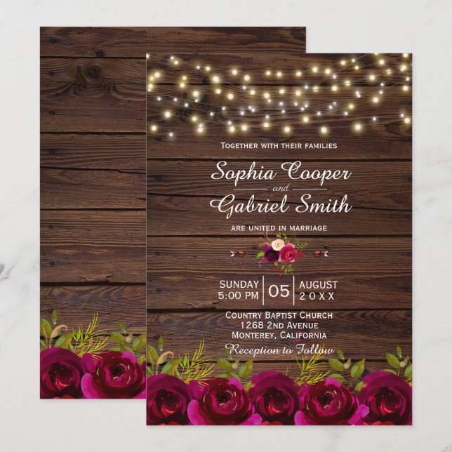Convites Country Burgundy Floral String Luz Casamento De Ma (Frente/Verso)