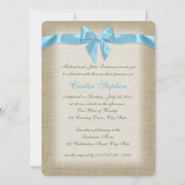 Convites Country Burlap Baby Blue Christening (Frente)